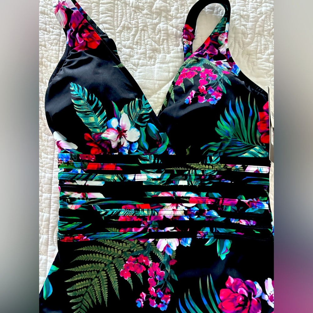 Aqua Green NWT Black Floral Swimsuit